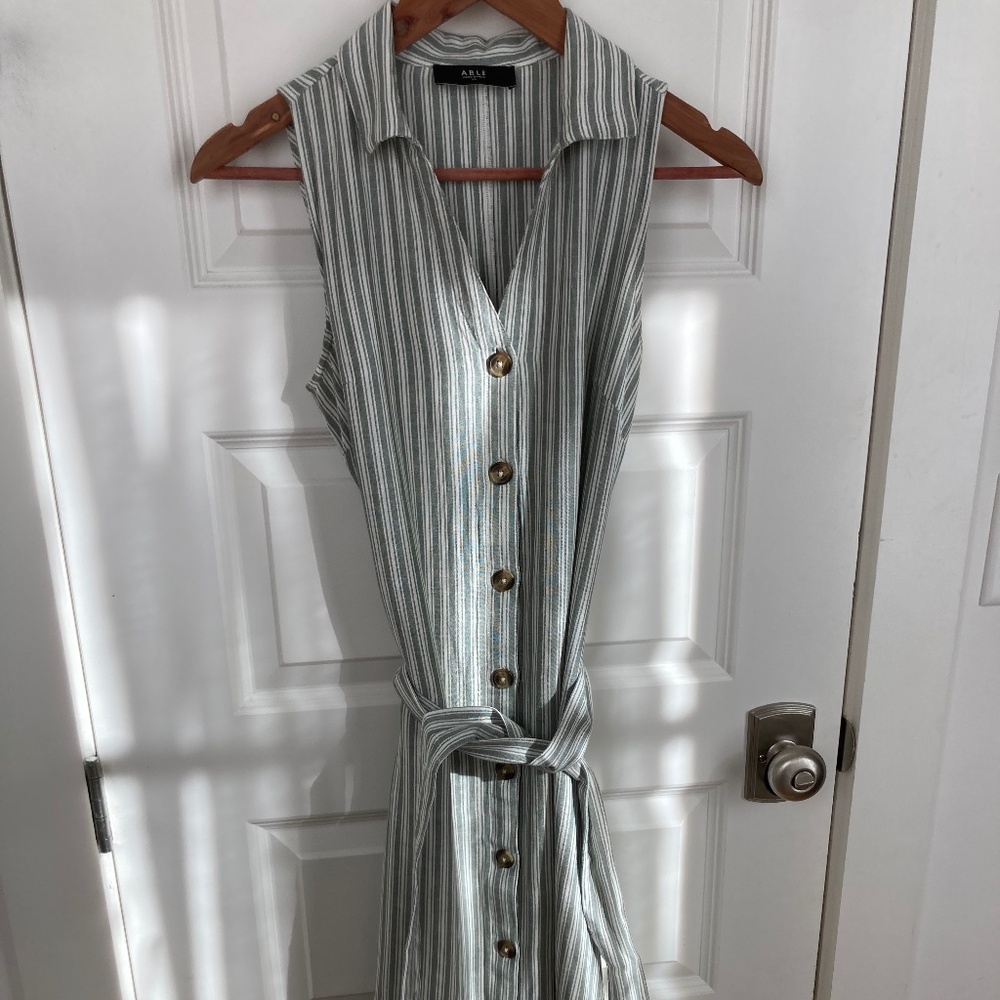 Able linen midi dress sage stripe size XS